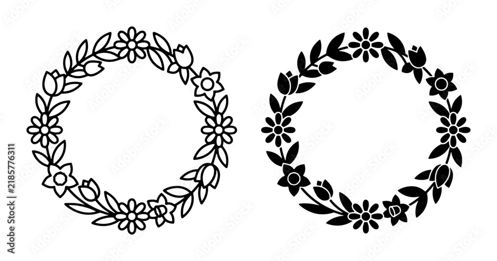 Fototapeta premium Floral Wreath Vector Icons, Delicate Flower Circle Frames, Botanical Decorative Borders, Black and White Nature Elements