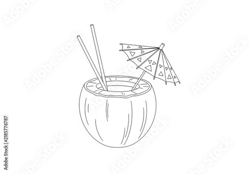 Line art illustration of a coconut drink with two straws and a small umbrella