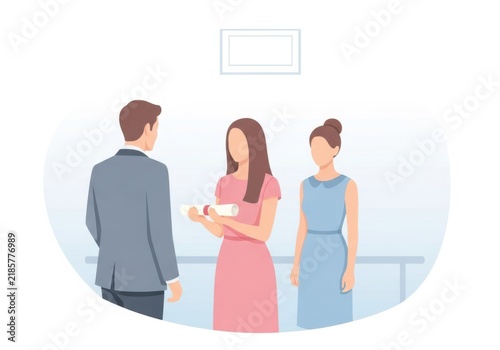 Man presenting a diploma or certificate to a woman with another woman standing nearby
