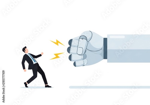 Businessman facing a giant robotic fist, concept of technology threat