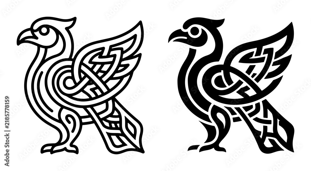 Fototapeta premium Celtic Bird Vector Art, Intricate Knotwork Griffin Illustration, Mythical Creature Design, Ancient Symbolism, Black and White Graphics
