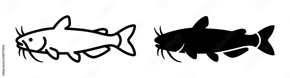 Fototapeta premium Catfish Vector Icons: Outline and Silhouette, Simple Aquatic Animal Graphics for Fishing and Seafood Themes