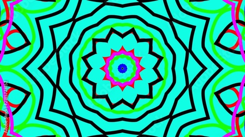 Принти на полотні Colorful geometric mandala kaleidoscope pattern with cyan background and vibrant symmetric lines