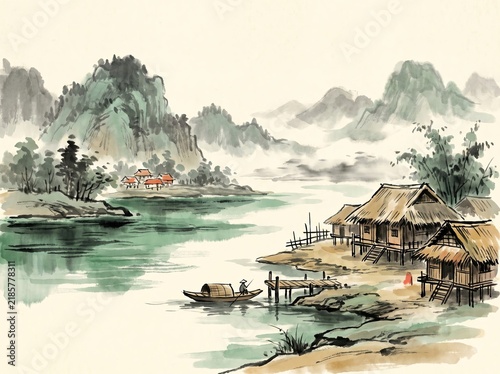 Ba Be Lake in Bac Kan, Northern Vietnam, tranquil emerald lake surrounded by forested mountains, traditional stilt houses along a quiet shoreline xieyi sumi-e ink wash landscape painting