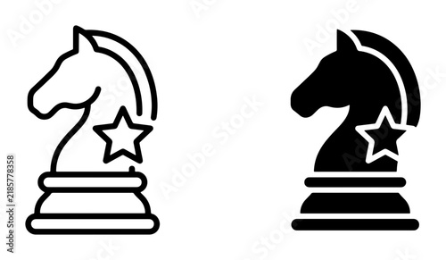 Chess Knight Icon Set, Strategy Game Piece Vector Graphics, Strategic Move Symbol, Black and White Outline and Solid Fill, Business Concept