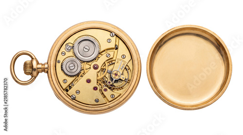 Vintage gold pocket watch movement, open antique timepiece mechanism, intricate brass gears and clockwork details isolated PNG with Transparent Background