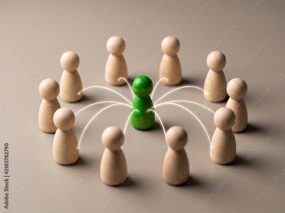 Obraz premium Hub and Spoke Leadership Concept with Green Wooden Figure Connecting Beige Team Members - Business Networking, Communication, and Centralized Management Illustration