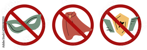 Superheroes prohibited. Vector set of forbidden signs. Ban on concealing identity.