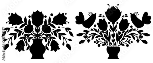 Vector clip arts set of black silhouette of bouquets with birds and flowers in a vase. Monochrome collection with blooming floral illustration