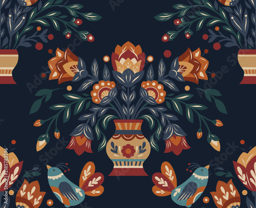Vector decorative pattern with flowers in a vase in folk art style on dark background. Texture with tracery floral ornament. Wildflowers backdrop