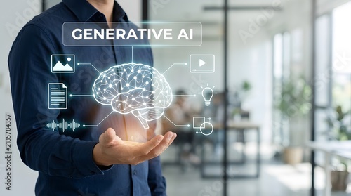 Obraz na płótnie Business professional interacting with a generative artificial intelligence network interface in a modern office setting