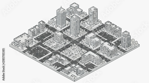 Isometric Cityscape with Residential and Commercial Buildings Layout