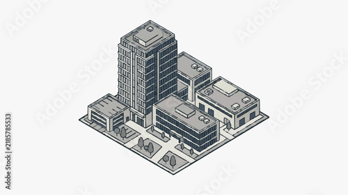 Isometric Sketch of Urban Office Complex with High Rise and Low Rise Buildings