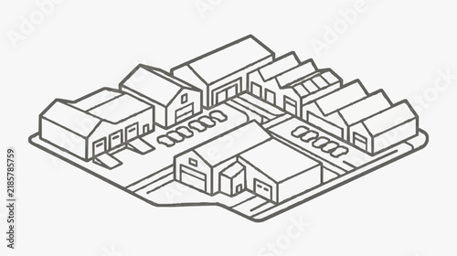 Isometric Line Drawing of Urban Residential Buildings with Street Layout