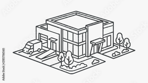 Isometric Warehouse Building with Delivery Truck and Outdoor Seating Area