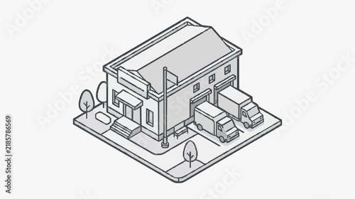Isometric Line Drawing of Two Story Warehouse with Delivery Trucks and Loading Dock