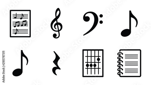 Obraz na plátně Musical Symbols Assortment: A collection of musical notation elements, including a sheet of music, treble clef, bass clef, various notes, rest symbol, guitar chord diagram