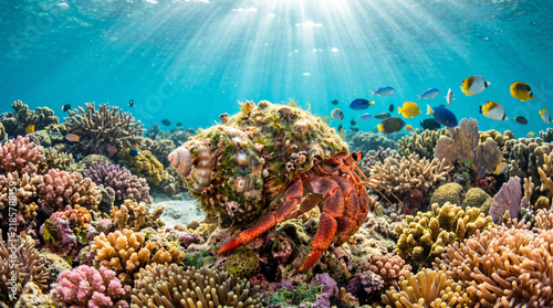 Colorful Hermit Crab Navigating a Tropical Coral Reef