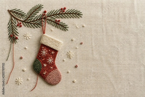 Embroidered Christmas stocking with pine branches in a hoop