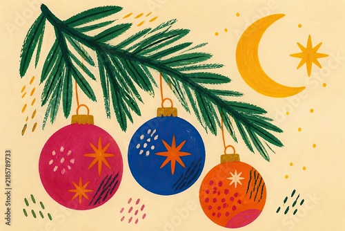 Gouache and crayon Christmas botanical branch illustration