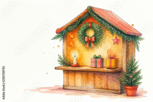 Hand drawn gouache Christmas market stall with festive lights