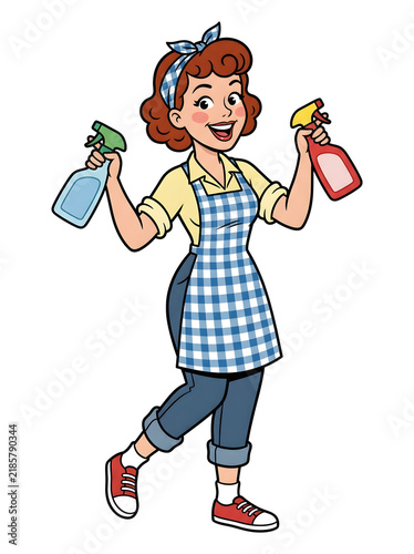 Retro Style Cartoon Housewife Holding Cleaning Spray Bottles