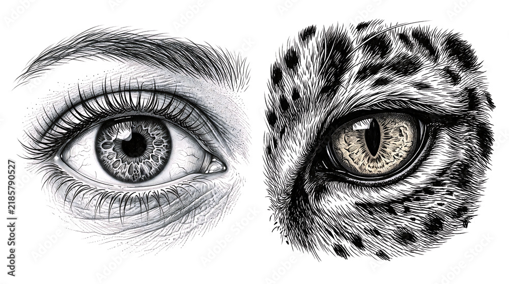 Fototapeta premium eye of the human and leopards white and black sketch design. 