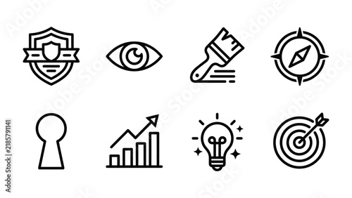 Iconography of Success: A collection of clean, modern line icons representing key concepts such as security, vision, creativity, direction, opportunity, growth, innovation, and precision.