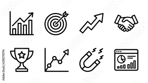 Business Growth Icons Set: A collection of clean line icons representing key business concepts: growth charts, target, success, handshake, trophy, magnet, and data analytics.