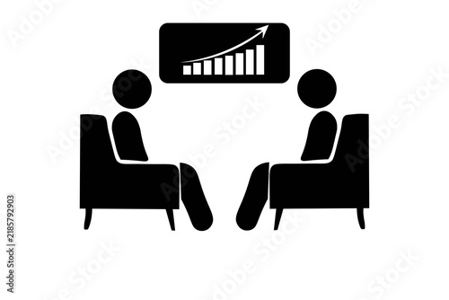 Two people meeting with growth chart presentation isolated on white background