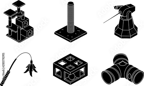 фотографія Cat activity center set with black icons for pet grooming and playtime