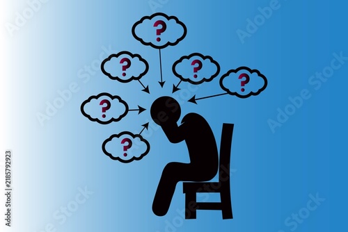 Confused person sitting with question thoughts isolated on white background