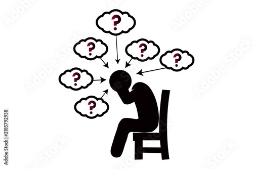 Confused person sitting with question thoughts isolated on white background