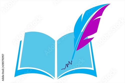 Open book with purple feather quill writing isolated on white background