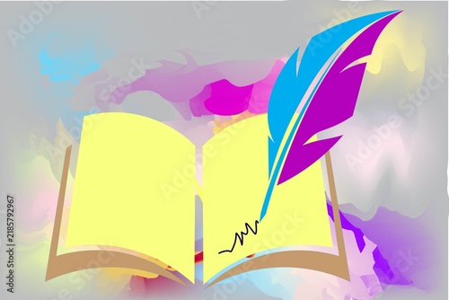 Colorful feather quill writing in an open book isolated on white background