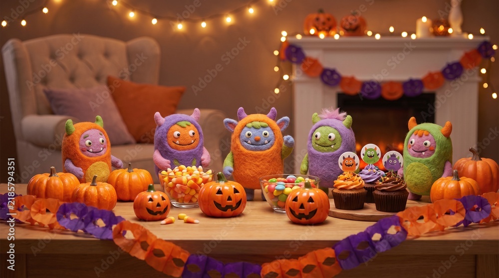 Fototapeta premium Halloween celebration with felt monsters pumpkins candy and cupcakes candy corn