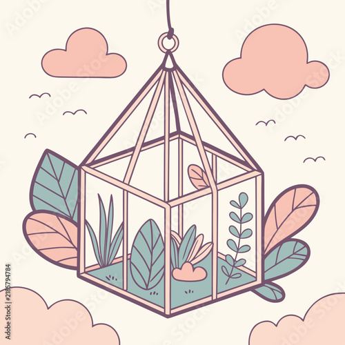 Hanging geometric glass terrarium with indoor house plants and soft pastel clouds