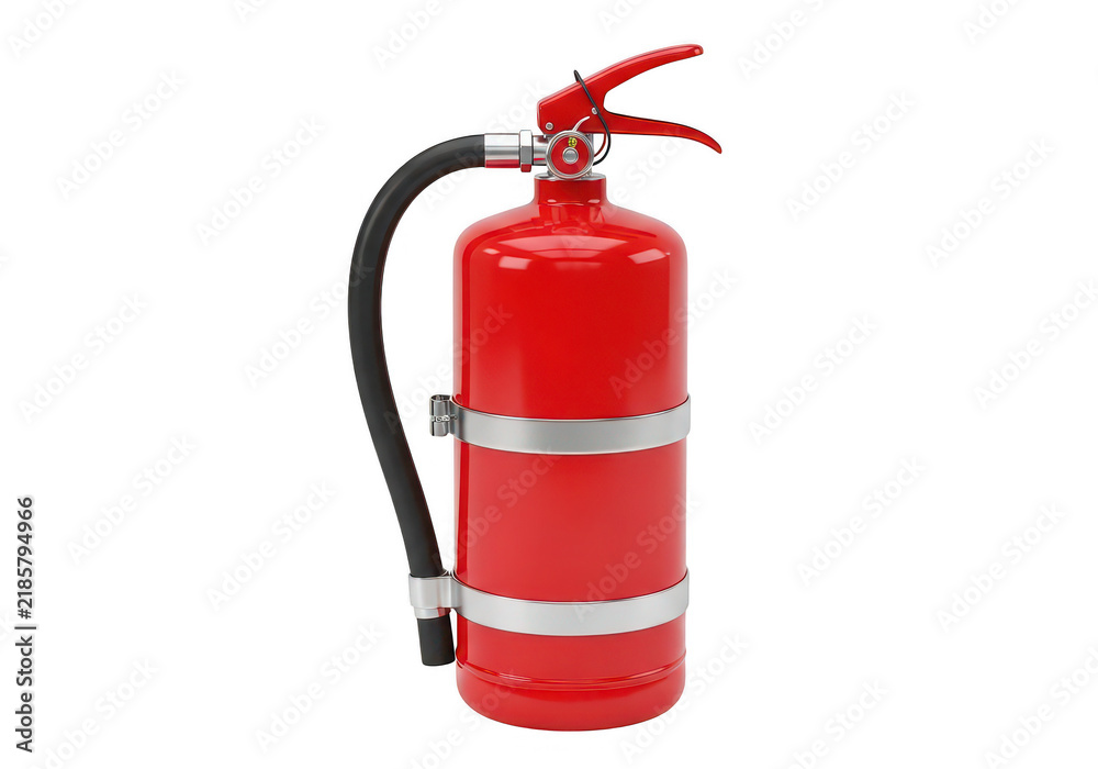 Obraz premium A red fire extinguisher with black hose and silver bands sits on transparent background
