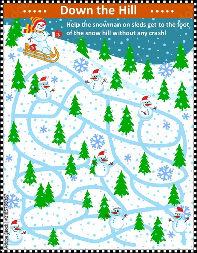 Winter maze game: Help the snowman on his sled reach the bottom of the snowy hill without any crash!
