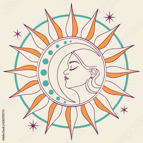 Astrological sun and moon illustration with female profile astrology art celestial design