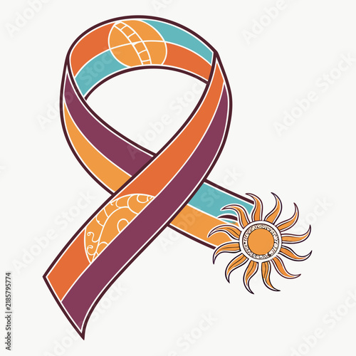Awareness ribbon illustration with sun and geometric earth elements ribbon design stylized sun