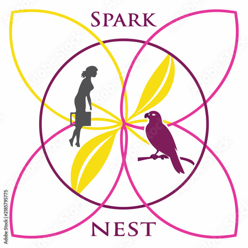 Spark and nest conceptual logo with woman and bird business branding minimalist icon business