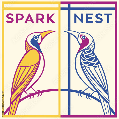 Spark and nest graphic design with two stylized birds bird illustration split panel avian art