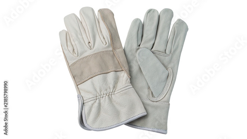 Pair of durable white leather protective working gloves isolated on transparent background