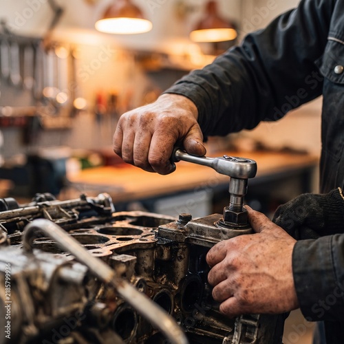 Mechanic using socket wrench to tighten bolt on car engine block in professional repair garage
