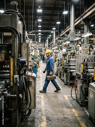 Factory worker walking through manufacturing plant floor carrying toolbox past industrial machinery