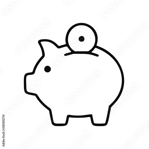 Simple black and white vector logo design featuring a piggy bank with a coin slot and coin insertion
