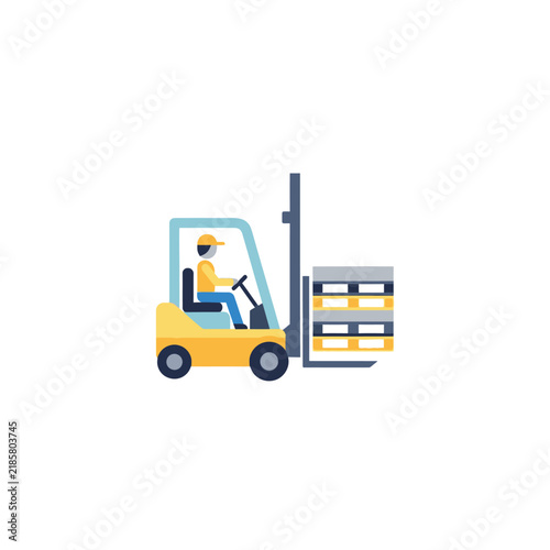 Forklift Truck with Driver Carrying Pallets Flat Vector Illustration