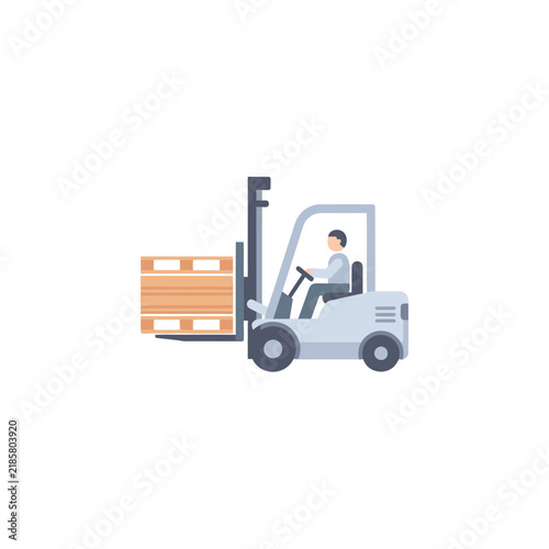 Forklift truck illustration with driver and wooden pallet