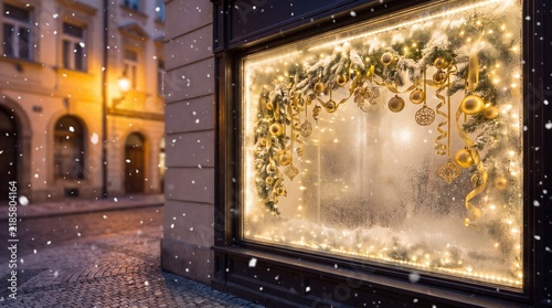 Magical Christmas Window Display with Golden Wreath and Soft Glowing Lights in a Snowy City Street